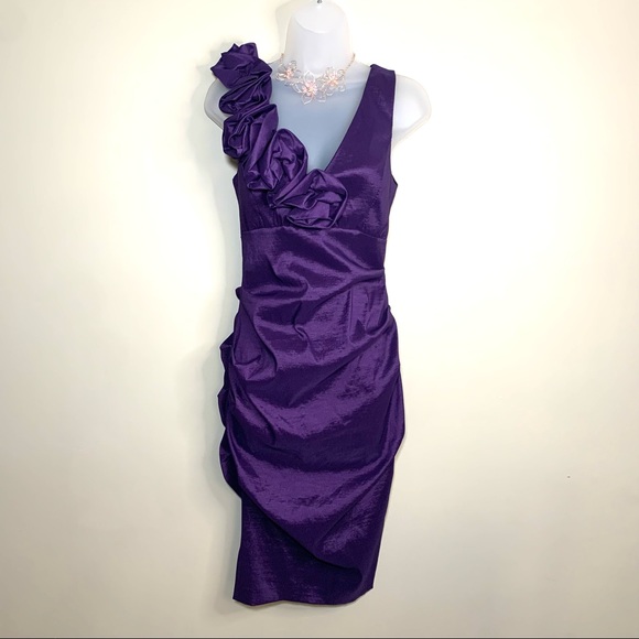 Jade Dresses & Skirts - JADE Metallic Purple Bodycon Cocktail Dress Asymmetric Ruffle Size 8  Barbiecore
